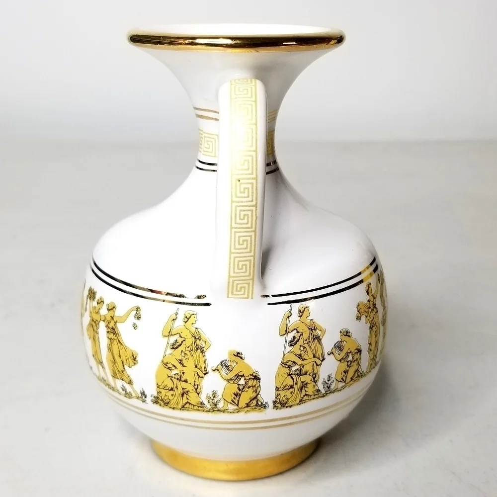 Vintage Neofitou Hand Made Hand Painted 24K Gold White Vase With Handles, Greece